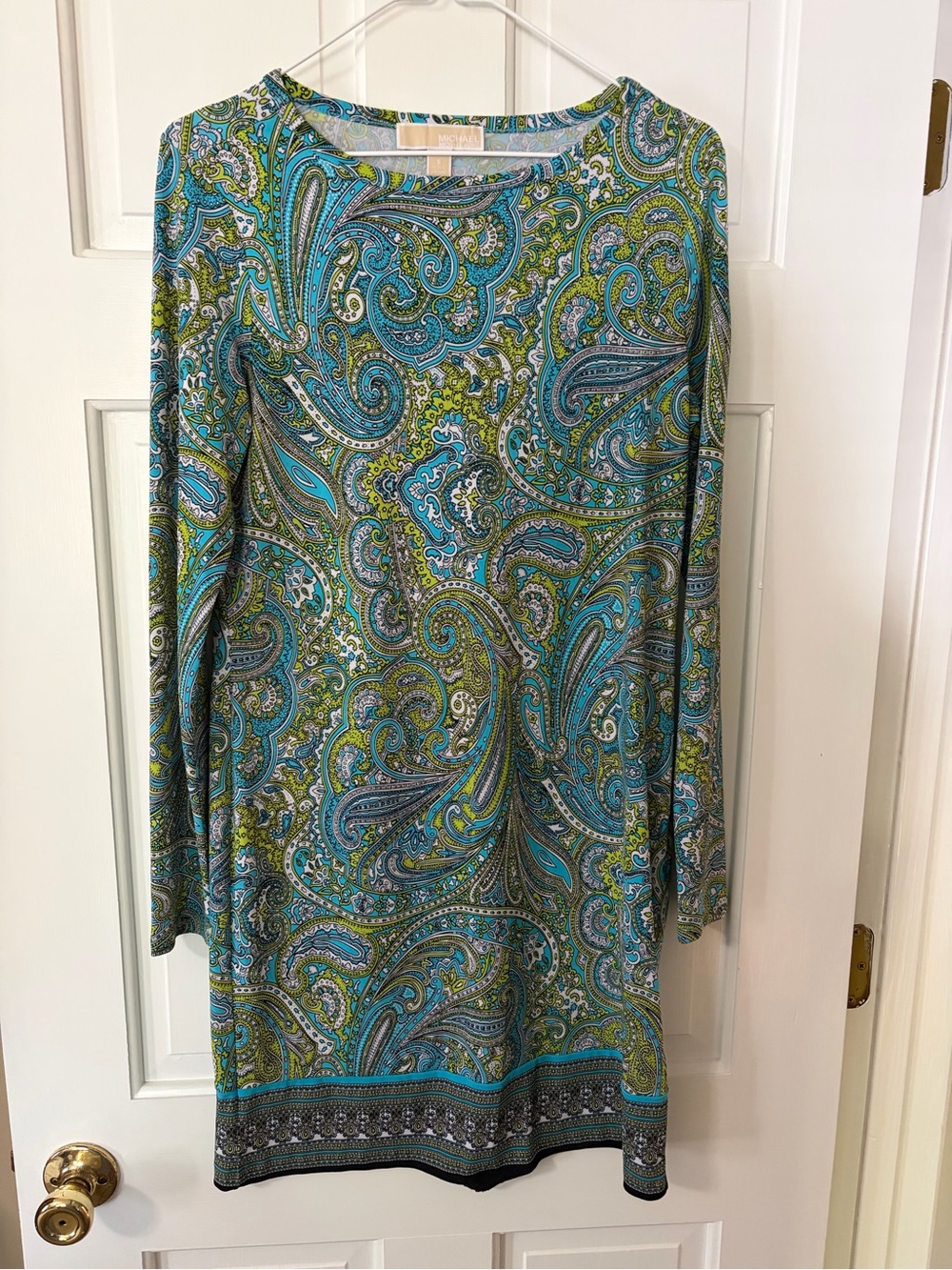 Michael Kors Teal and Green Paisley Long Sleeve Shift Dress